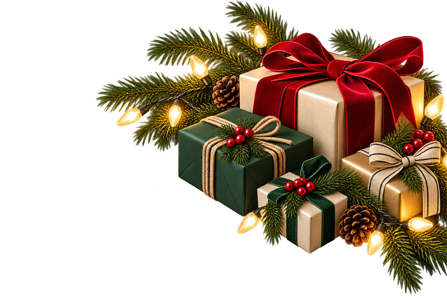 Christmas presents with evergreen branches and glowing holiday lights