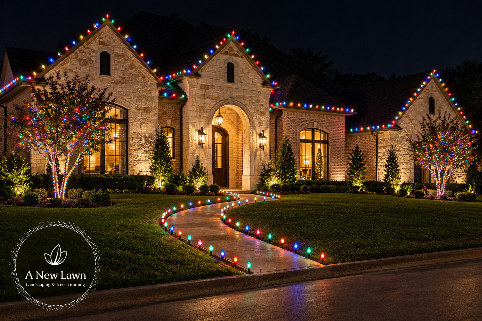 Multicolor C9 and string lights on a luxury home