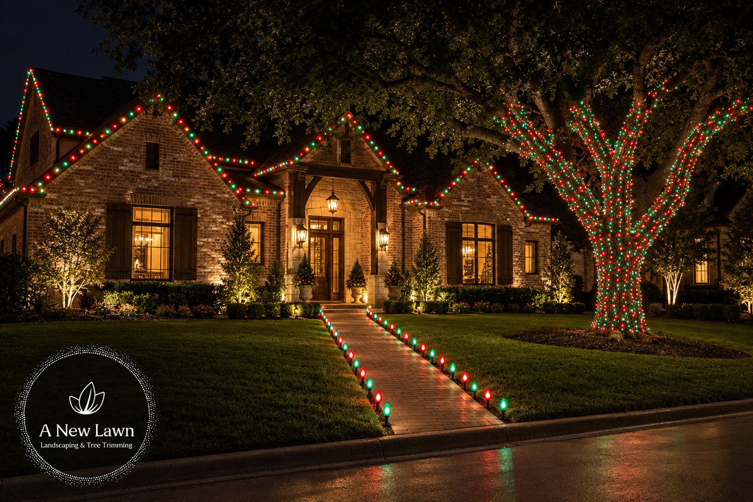 A New Lawn Christmas lights installed on a home and trees