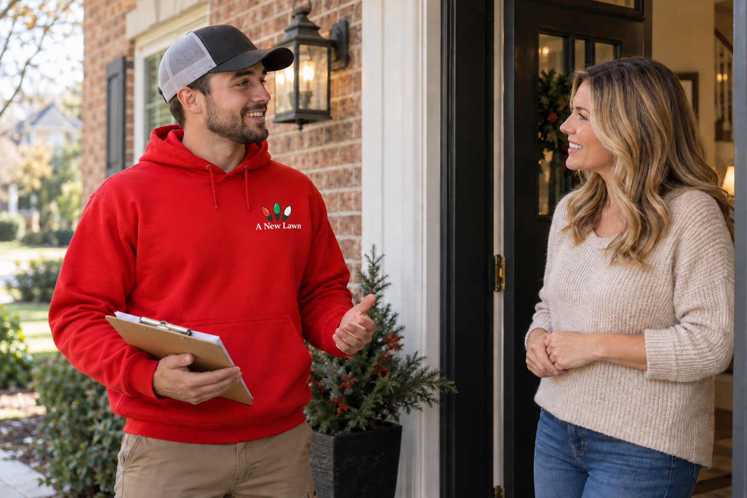 A New Lawn representative discussing a Christmas lighting project with a homeowner